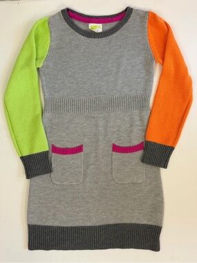 Girls' Gray Ribbed Sweater Dress w/ Lime Green & Bright Orange Sleeves (7-8)